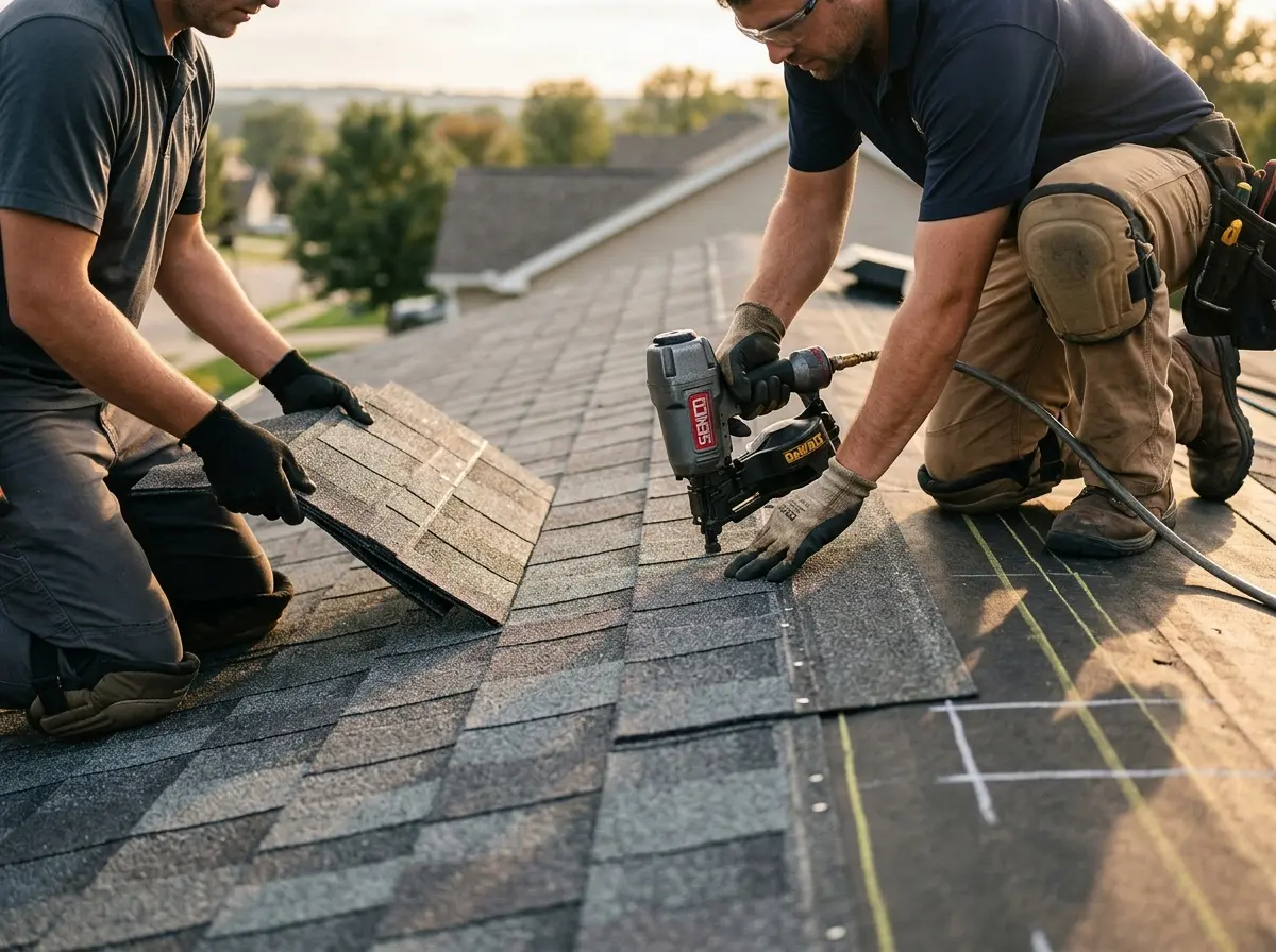 Professional roofer working on a residential roof in Robeson